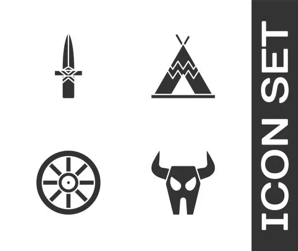 Vector illustration of Set Buffalo skull, Dagger, Old wooden wheel and Indian teepee or wigwam icon. Vector
