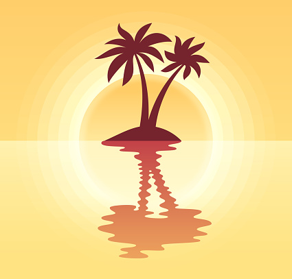 Tropical island palm tree summer sunset reflection background.