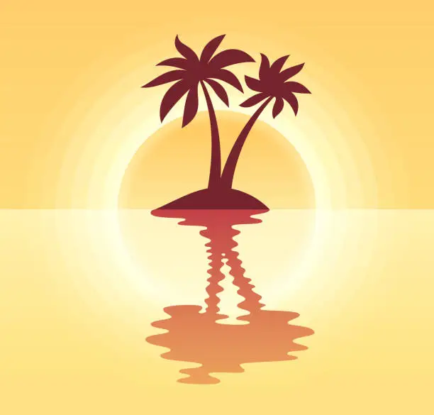 Vector illustration of Tropical Island Palm Tree Summer Sunset Reflection