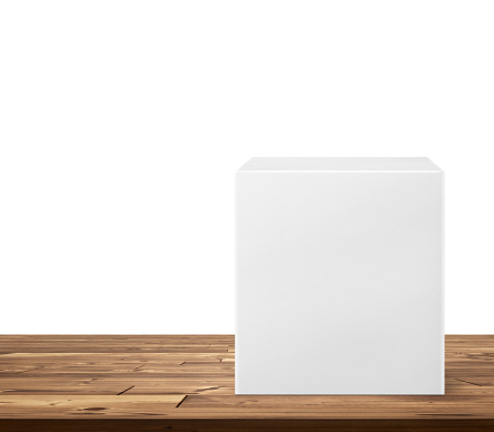 Empty box product packaging box mockup on a wooden table white background.