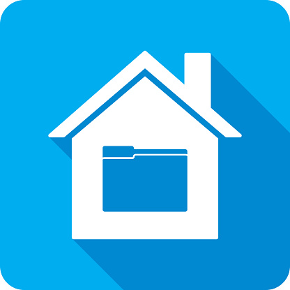 Vector illustration of a house with folder icon against a blue background in flat style.