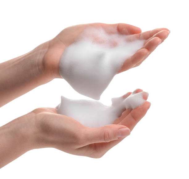 istock Woman with bath foam on white background, closeup 1791877807