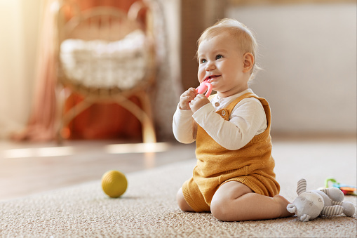 Childhood concept. Cute blonde infant baby biting rubber chew toys while sitting on carpet full of diverse games, sweet child toddler playing with teethers alone at cozy home interior, copy space