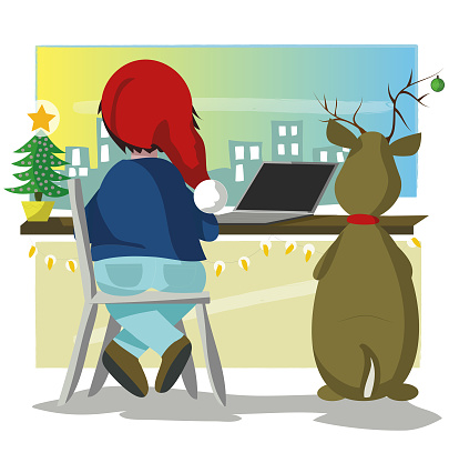 A boy and Rudolph are at a table with a computer writing a letter to Santa. They turn their backs to the camera. There is a window where they look at the city: On the table there is a Christmas tree.