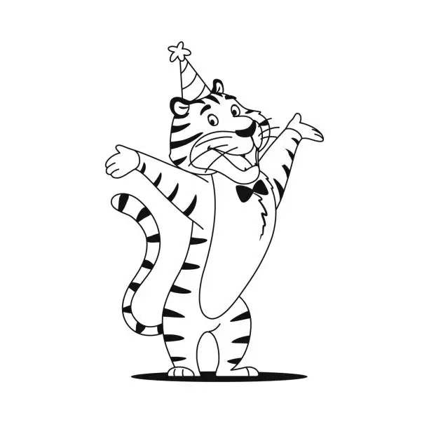 Vector illustration of Coloring page. Cartoon cheerful happy tiger isolated on white background. Funny wild cat in party hat for kids preschool activity. Black and white outline sketch. Coloring book vector illustration.