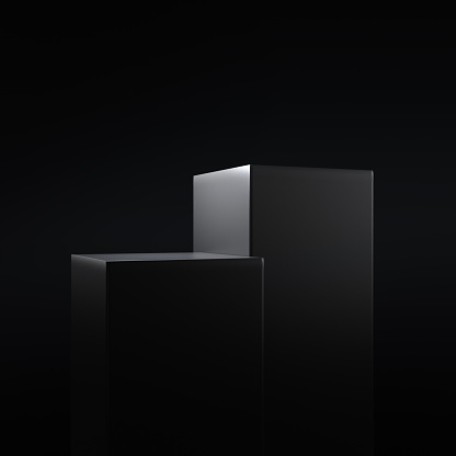Luxury geometric black cubes podium stage. Showcase 3d background with empty product display pedestal. Presentation scene and elegant advertising shelf banner. Low key and low light studio