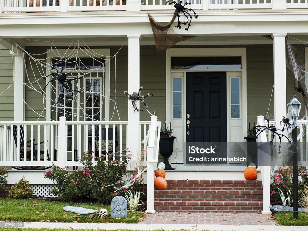 Front door decorated for Halloween A photo of a house decorated for Halloween. Halloween Stock Photo