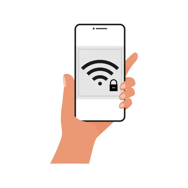 Vector illustration of Person with mobile phone in hand is connecting to wifi. Wifi sign and mobile phone. Ready-made template with great colors.