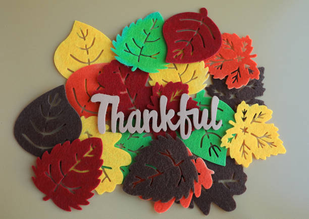 Pile of  colorful fall crafting leaves. The word thankful in the center a pile.
