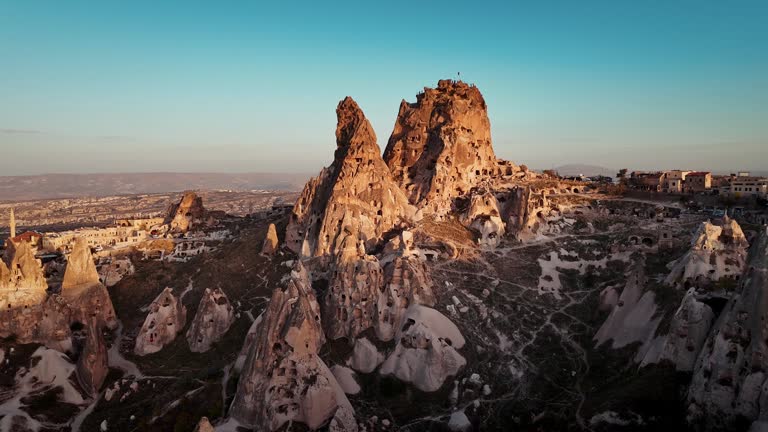 Aerial view of Uchisar, Aerial view of cappadocia, Uçhisar castle, famous place of turkey, natural formation fairy chimneys, unesco heritage destination, Aerial view of Cappadocia
