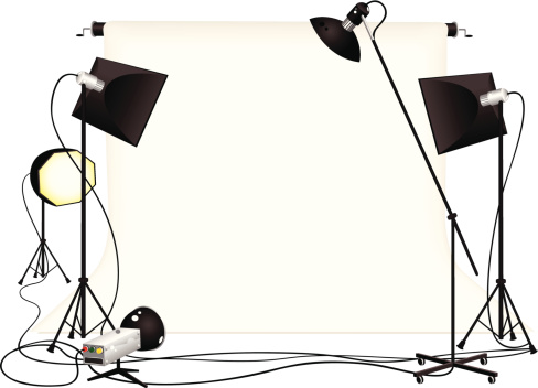 Isolated cartoon style illustration of a typical photography studio set up. Plenty of room in the middle of the illustration for your own objects to photograph!