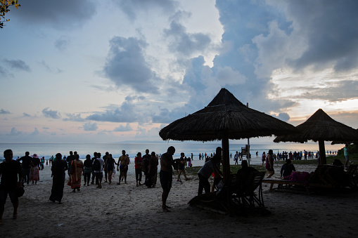 Havelock Island, India - October 11, 2023. People gather at Radhanagar Beach on Swaraj Dweep (or Havelock Island) in the evening.
