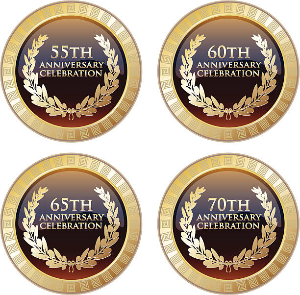 Anniversary Celebration Award Collection Celebration medals of the 55th, 60th, 65th and 70th anniversary decorated with meanders. $69 stock illustrations