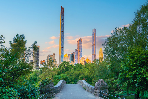 Central Park with Manhattan city skyline, cityscape of New York City USA in summer at sunrise