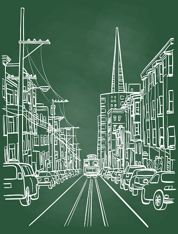 Street scene in San Francisco in a typical residential street with street car and parked vehicles.  Vector illustration