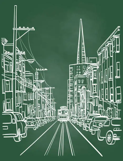 Vector illustration of San Francisco City Street Perspective Chalkboard