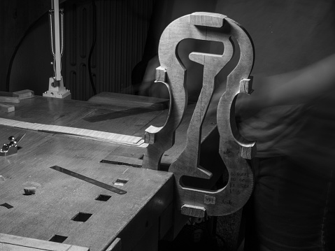 luthier violin maker luthier working with violin mould on center bot, corner blocks , bend ribs for a new classic handmade violin using mold