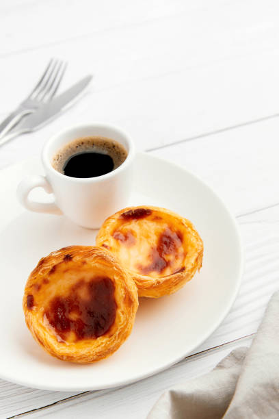 istock Traditional Portuguese egg tart dessert Pasteis Pastel de nata or Pasteis de Belem with coffee over white background 1792030825