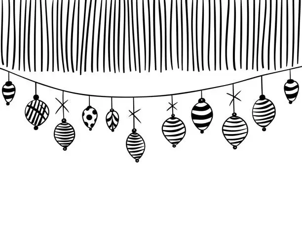 Vector illustration of Christmas garlands and decorations pattern isolated on white background. Hand drawn sketch. Decorative texture for overlaying. Vector illustration