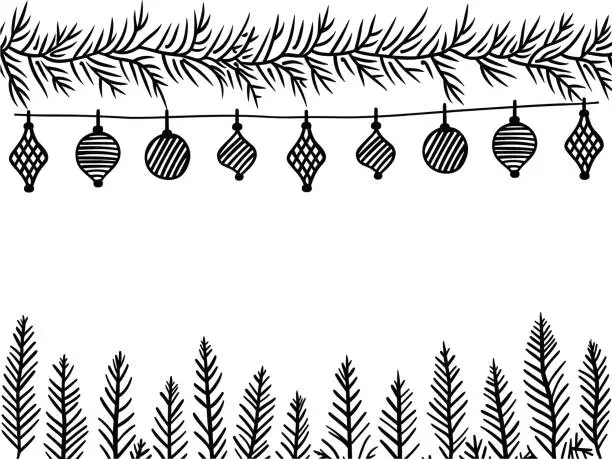 Vector illustration of Traditional holiday pattern with Christmas tree toys and fir branches. Hand drawn sketch