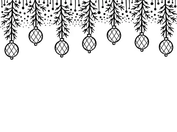 Vector illustration of Christmas pattern with fir branches and toys. Sketched holiday garlands and decorations isolated on white background