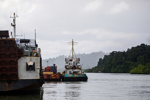 Nilambur, India - October 13, 2023. Older boat that connects traffic from South Andaman Island to Baratang Island.