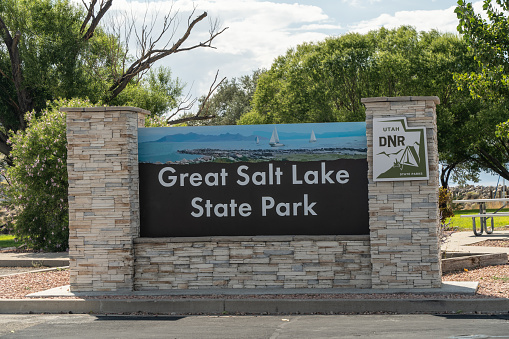 Salt Lake County, Utah, Sept. 12, 2023: Engrance sign to the Great Salt Lake State Park in Utah