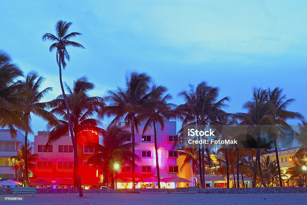 Miami Beach, Florida  hotels and restaurants at sunset Miami Beach, Florida  hotels and restaurants at sunset on Ocean Drive, world famous destination for it's nightlife, beautiful weather and pristine beaches Miami Stock Photo