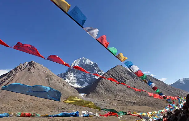 Holy Mount Kailash in Tibet and Buddhist prayer flags on foreground