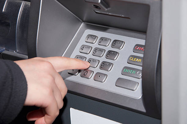 istock Woman pressing number button on ATM machine 179211192