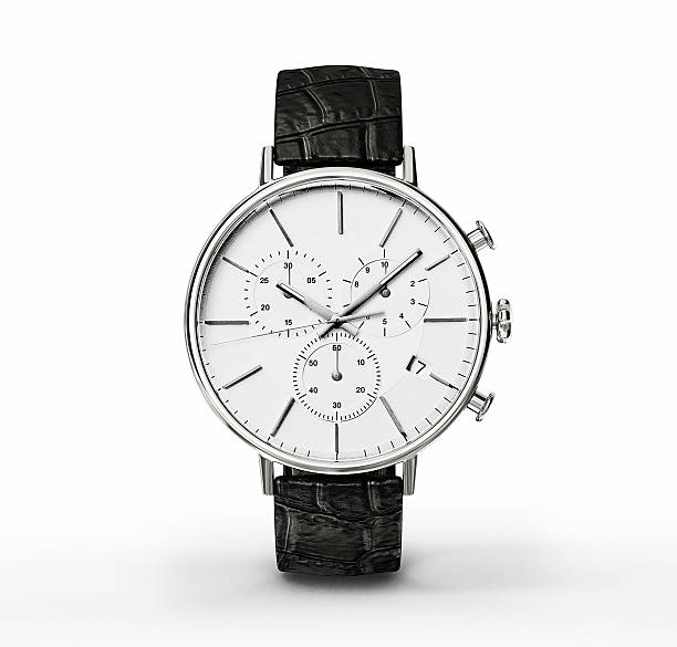 Close-up of a watch with a white face and blackstrap
