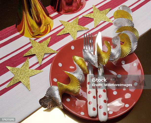Party Table In Red Gold And White Team Club Colors Stock Photo - Download Image Now