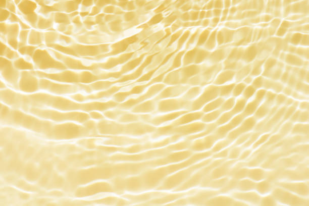 Defocus blurred transparent gold colored clear calm water surface texture with splashes reflection. Trendy abstract nature background. Water waves in sunlight with copy space. Gold watercolor shine.