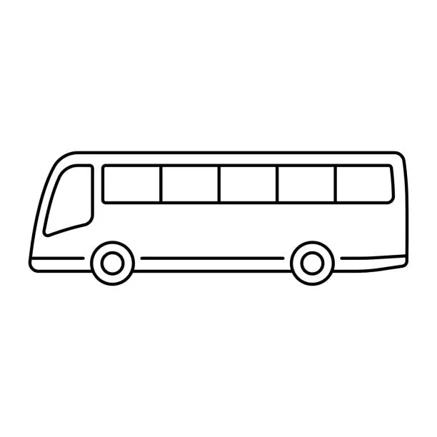 Vector illustration of Large passenger bus icon. Black contour linear silhouette. Side view. Editable strokes. Vector simple flat graphic illustration. Isolated object on a white background. Isolate.