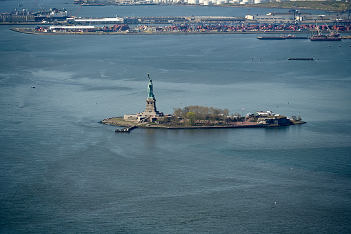 New York City, New York, USA, April 13, 2023 - The Statue of Liberty as seen from New York Harbor.