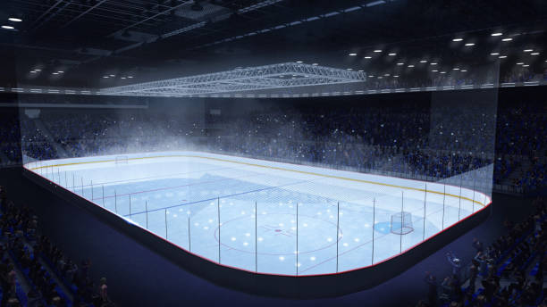 istock Aerial view. 3D model of empty ice rink illuminated indoor before sportive competition, championship. Concept of sport, Team sports, motion. 3D render illustration background 1792120347
