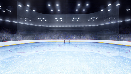 Ice hockey stadium, field with spotlights. View from gates of empty ice rink, sport arena wit indoor illumination. 3D render illustration background. Concept of team sports, active lifestyle. Ad