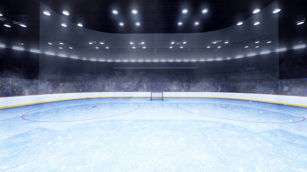 Ice hockey stadium, field with spotlights. View from gates of empty ice rink, sport arena wit indoor illumination. 3D render illustration background Ice hockey stadium, field with spotlights. View from gates of empty ice rink, sport arena wit indoor illumination. 3D render illustration background. Concept of team sports, active lifestyle. Ad ice rink stock pictures, royalty-free photos & images