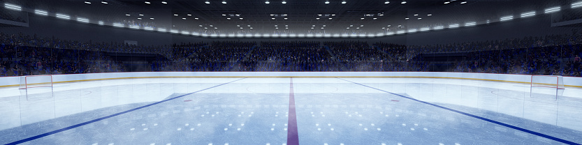 Horizontal aerial view of ice hockey stadium with spotlights and crowdy stands with fans waiting favorite team before champion competition. 3D render illustration background. Concept of sport, skating