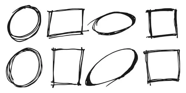 Vector illustration of Hand drawn scribble lines on set. doodle borders lines, curves, frames for message note mark design element. vector illustration