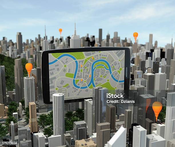 Smartphone With Navigator Over City Stock Photo - Download Image Now - Physical Geography, Cartography, Communication