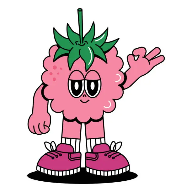 Vector illustration of Cute character Raspberries in groovy cartoon style. Trendy and modern illustration with funky comic mascot. Pink color of fruit. 70s, 80s retro vibes. Vector