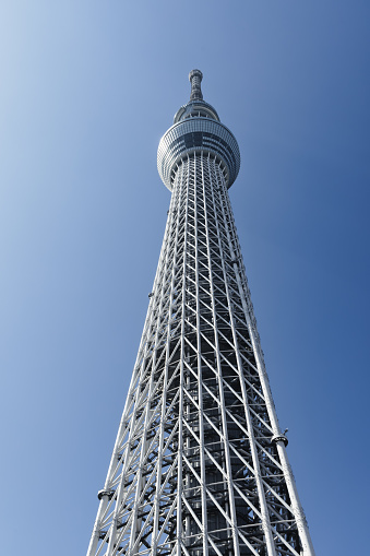 Tokyo, Japan - April 19, 2023: spire of Tokyo Skytree, a broadcasting and observation tower in Sumida. With 634 meters it was in March 2011 the tallest tower and third tallest structure in the world