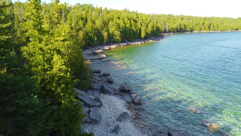 Mesmerizing drone pov of untouched wilderness on Georgian Bay shoreline. Lake Huron, Canada