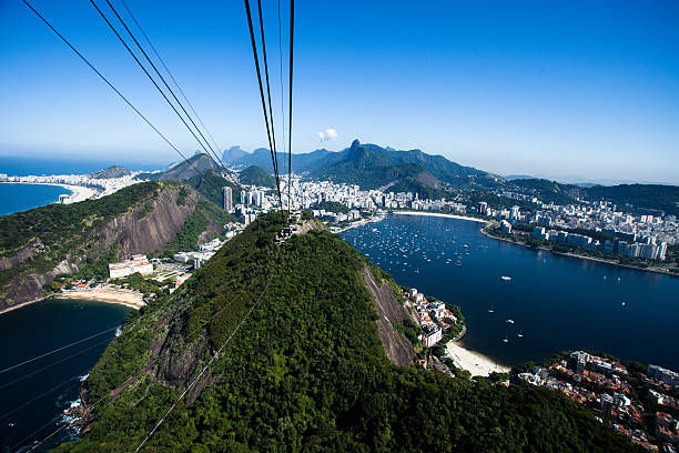 cable car на сахар, хлеб в рио-де-жанейро - rio de janeiro sugarloaf mountain overhead cable car copacabana beach стоковые фото и изображения