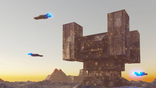 istock Science Fiction Landscape with a tower-shaped construction, space exploration base. Modeled Blender 3D 1792167978