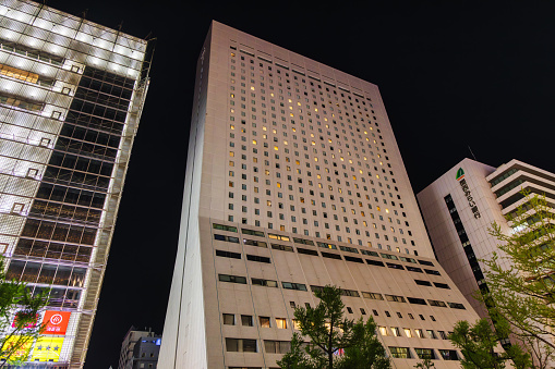 Osaka, Japan  April 13, 2023: Night view of the Hotel Nikko Osaka. Osaka is one of the three major cities of Japan