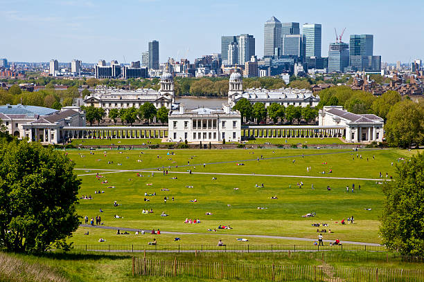 View of Docklands and Royal Naval College in London. The magnificent view from the Greenwich Observatory taking in sights such as Docklands and the Royal Naval College in London. queen's house stock pictures, royalty-free photos & images