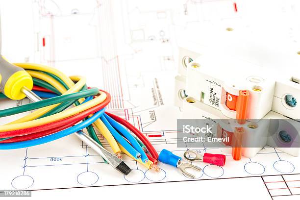 Electric Wires And Switches With Diagrams Stock Photo - Download Image Now - Backgrounds, Blueprint, Cable