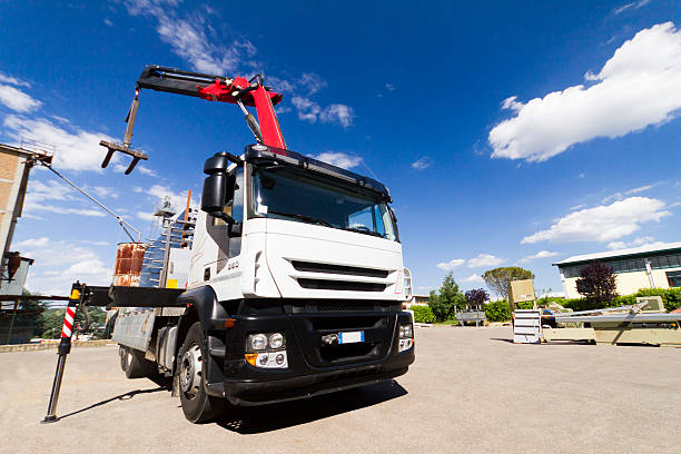 Mobile crane, white truck Truck at work crane stock pictures, royalty-free photos & images